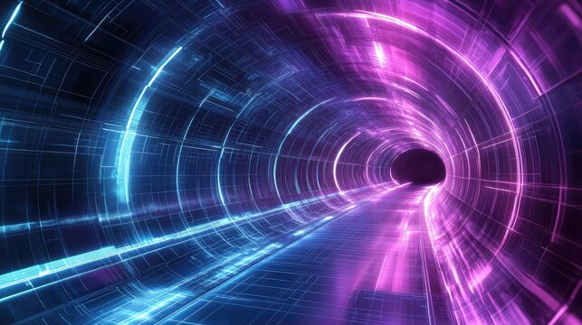 Digital data moving through glowing neon tunnel