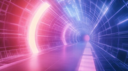 Futuristic wireframe tunnel with glowing neon lights