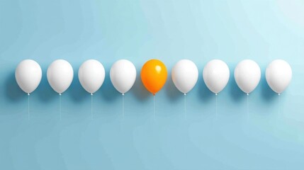 A line-up of shiny spherical balloons against a gradient blue background,