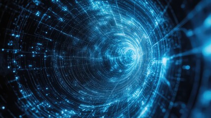 Digital data flowing through abstract blue tunnel network