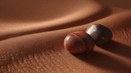 Two smooth polished stones rest on gently undulating sand bathed in soft warm light casting intricate shadows accentuati