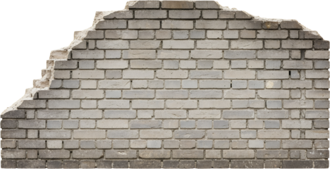 Weathered gray brick wall texture with a broken section on the left showcasing rough mortar and irregular brick edges offering a grunge aesthetic