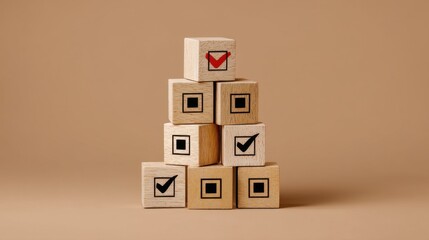 Wooden cubes arranged in a triangle with checkmark symbols, some black and one red at the peak,