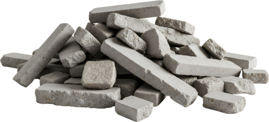 A pile of broken grey concrete paving slabs and rectangular blocks with rough textures visible on the fragmented surfaces