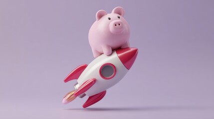 A cute cartoon dolphin sits atop a pink and white rocket during launch against a soft lavender backdrop,