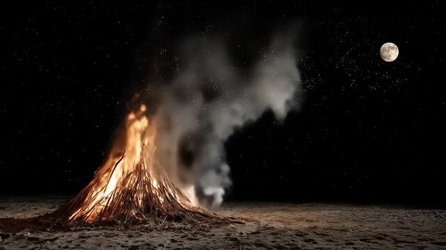 Burning campfire with smoke against a dark night sky and full moon