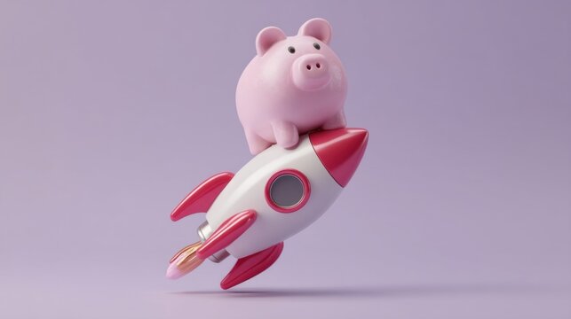 A cute cartoon dolphin sits atop a pink and white rocket during launch against a soft lavender backdrop,