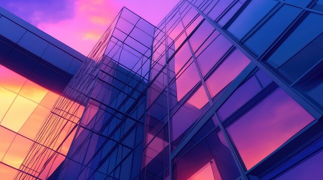 Modern glass skyscraper reflecting vibrant sunset colors