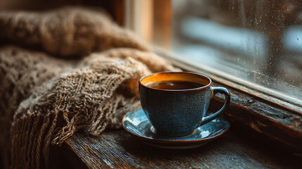 cozy relaxing winter scene with a warm coffee cup on a windowsill embracing the quiet calm and comforting ambiance that defines peaceful seasonal mornings