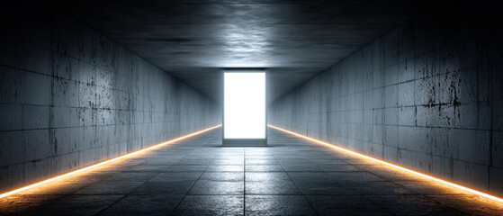 Blank glowing lightbox poster in underground pedestrian tunnel with glossy tiled walls