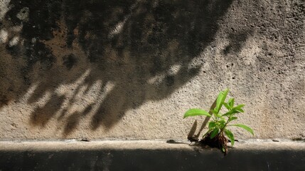 A small green plant grows on a rough textured wall with exposed roots in cracks,