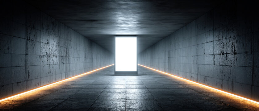 Blank glowing lightbox poster in underground pedestrian tunnel with glossy tiled walls