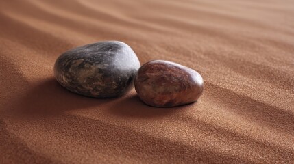 Two smooth pebbles rest on fine sandy terrain, one dark gray with speckles and the other reddish,