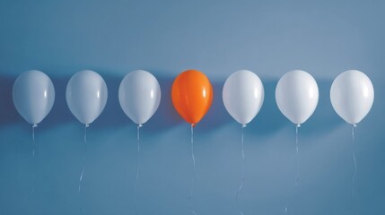 Six white balloons float upright against a blue background with one orange balloon standing out among them.