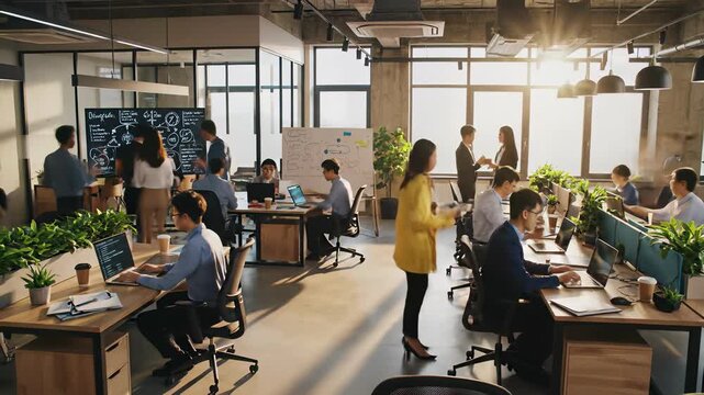 Collaborative workspace with individuals working together in an open office setting, showcasing the concept of time lapse, conveying progress, momentum, and innovation for use as background or.