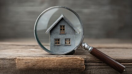 A magnifying glass focuses on a small blue house model with brown windows,