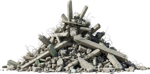 Pile of broken concrete debris with exposed metal rebar Rubble from construction or demolition building material waste aggregate
