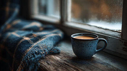 cozy relaxing winter scene with a warm coffee cup on a windowsill embracing the quiet calm and comforting ambiance that defines peaceful seasonal mornings