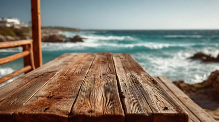 a wooden table standing near the beach with open ocean view warm sunlight and peaceful coastal scenery expressing summer calmness natural simplicity and scenic outdoor lifestyle
