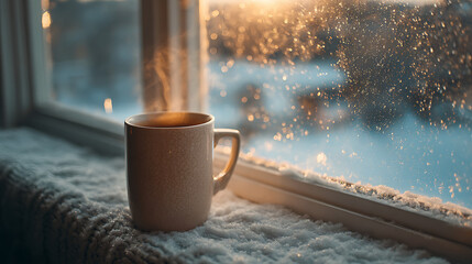 cozy relaxing winter scene with a warm coffee cup on a windowsill embracing the quiet calm and comforting ambiance that defines peaceful seasonal mornings