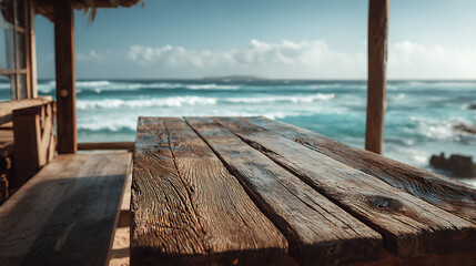 a wooden table standing near the beach with open ocean view warm sunlight and peaceful coastal scenery expressing summer calmness natural simplicity and scenic outdoor lifestyle