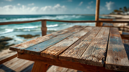 a wooden table standing near the beach with open ocean view warm sunlight and peaceful coastal scenery expressing summer calmness natural simplicity and scenic outdoor lifestyle