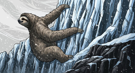 Whimsical sloth climbing icy mountain in winter storm, a funny scene of perseverance, a unique animal illustration for storybooks or adventure campaigns
