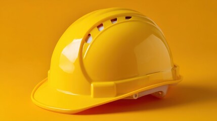 A yellow hard hat placed on a rough concrete surface,