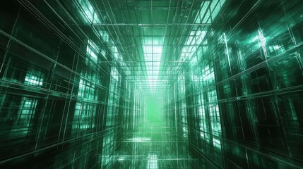 Digital matrix grid tunnel reflecting green light