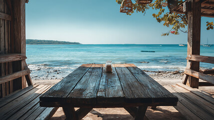 a wooden table standing near the beach with open ocean view warm sunlight and peaceful coastal scenery expressing summer calmness natural simplicity and scenic outdoor lifestyle