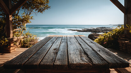 a wooden table standing near the beach with open ocean view warm sunlight and peaceful coastal scenery expressing summer calmness natural simplicity and scenic outdoor lifestyle