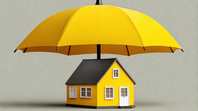 Duotone insurance icons of home, shield, and umbrella with orthographic alignment