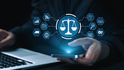 Futuristic digital law interface displaying justice scale, highlighting digital law, AI compliance, digital law systems, and digital law regulations for secure governance. Elide