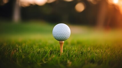 A golf ball sits on a tee in green grass on a blurred background