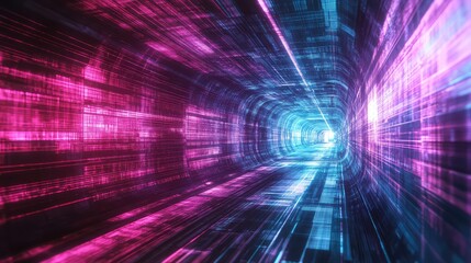 Digital data flowing inside a futuristic neon tunnel