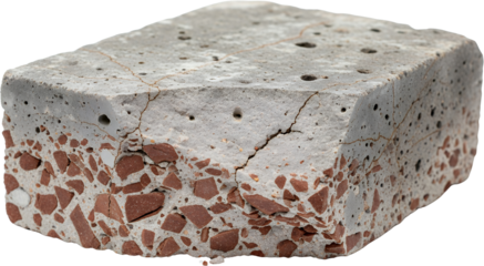 Close up view of a broken concrete sample showing aggregate and fine cracks on its surface material texture construction