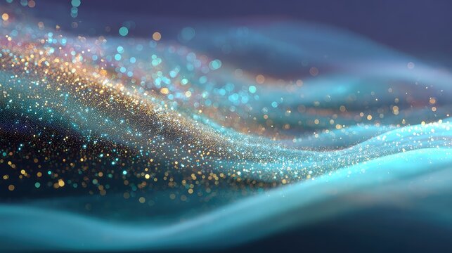 Glistening blue and gold particles creating abstract wave patterns