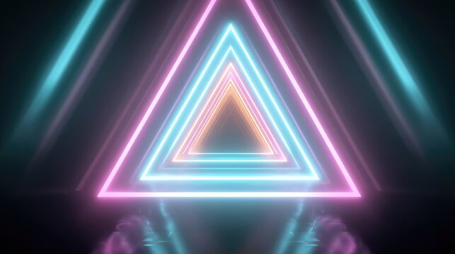 Abstract neon triangle tunnel with glowing reflections