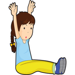 Young girl with brown hair in a blue shirt and yellow pants sitting on the floor with arms raised high in a playful pose isolated on a white background