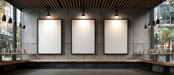 Three blank digital menu boards mounted on a cafe wall under warm lighting