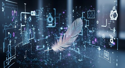 A digital abstract scene featuring a floating feather amidst futuristic holographic icons and glowing data elements representing technology and innovation