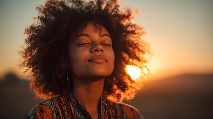 black woman with closed eyes enjoying warm sunset glow in the fields as backlit sunlight highlights her calm smile expressing peace emotional warmth and a beautiful outdoor moment