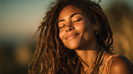 black woman with closed eyes enjoying warm sunset glow in the fields as backlit sunlight highlights her calm smile expressing peace emotional warmth and a beautiful outdoor moment
