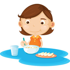 Young girl with brown hair wearing an orange shirt happily eating cereal with sliced apples and a glass of water from a blue table with a transparent background