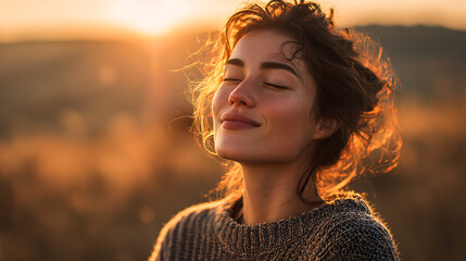 smiling woman standing in sunlit fields at golden hour with eyes closed embracing a moment of calm happiness as warm backlit sunlight creates a serene and emotional atmosphere