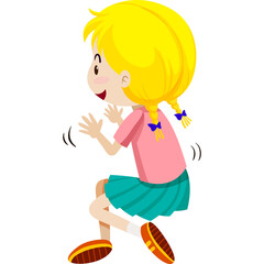 Young Girl With Blonde Pigtails Wearing A Pink Shirt And Teal Skirt Jumping Energetically With A Transparent Background And A Playful Expression