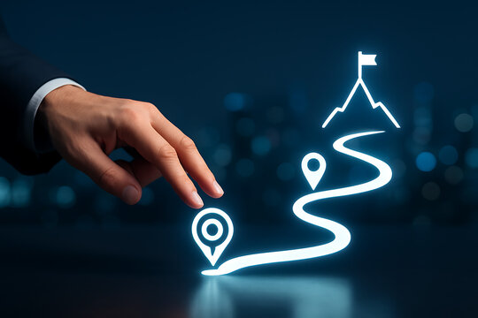 Businessman hand touching glowing business roadmap icon on digital screen representing career path strategy goal achievement success journey