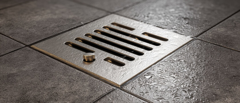 Brushed steel linear floor drain cover with slot pattern on wet-look porcelain tiles