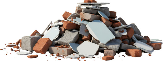 Pile of construction debris featuring broken bricks concrete chunks and plaster pieces rubble waste demolition materials