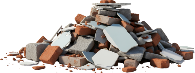 Pile of construction debris featuring broken bricks concrete chunks and plaster pieces rubble waste demolition materials